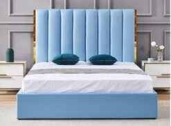 Lit 180x200 Cm Avec Coffre De Rangement Et Tête De Lit Simili Bleu Et Laiton Pika