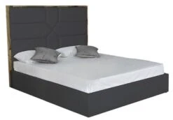 Lit 180x200 Cm Avec Coffre De Rangement Et Tête De Lit Simili Gris Et Laiton Delhie