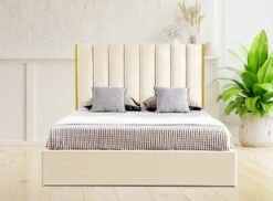 Lit 180x200 Cm Avec Coffre De Rangement Et Tête De Lit Velours Beige Et Laiton Pika