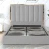 Lit 180x200 Cm Avec Coffre De Rangement Et Tête De Lit Velours Gris Et Laiton Posta