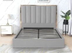 Lit 180x200 Cm Avec Coffre De Rangement Et Tête De Lit Velours Gris Et Laiton Posta