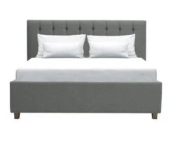 Lit Adulte 140 X 190 Cm + Coffre De Rangement - Tissu Imitation Lin Gris Clair - Sommier Inclus - EMILY