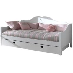 Lit Banquette Gigogne 90x200 Cm Avec Sommier Bois Laqué Blanc Cœur