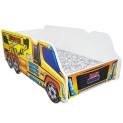 Lit Camion Grue Jaune 70x140 Cm - Sommier Et Matelas Inclus