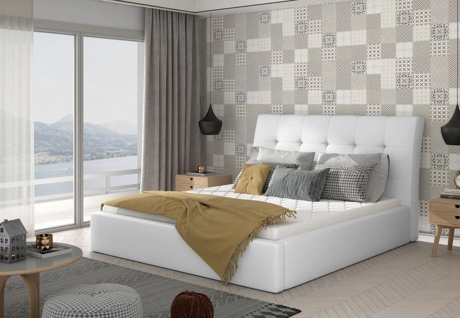 Lit Capitonné Avec Rangement Simili Cuir Blanc Klein 4 Lit Capitonné Avec Rangement Simili Cuir Blanc Klein – Image 2