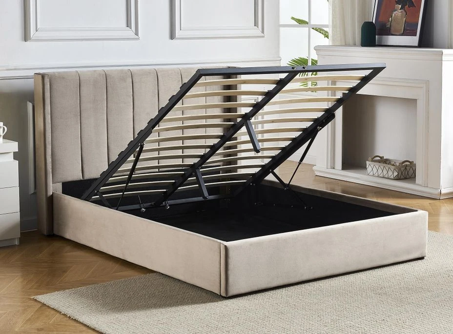 Lit Coffre 140x190 Cm Velours Taupe Capitonné Loria 5 Lit Coffre 140x190 Cm Velours Taupe Capitonné Loria – Image 3