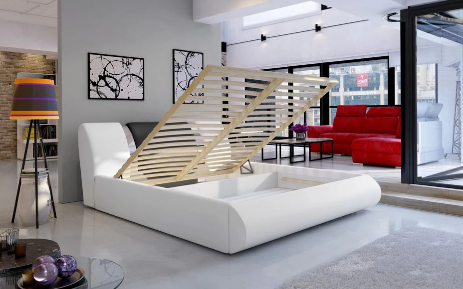 Lit Coffre 180x200 Cm Simili Noir/rouge Et Métal Chromé Flavien 5 Lit Coffre 180x200 Cm Simili Noir/rouge Et Métal Chromé Flavien – Image 3