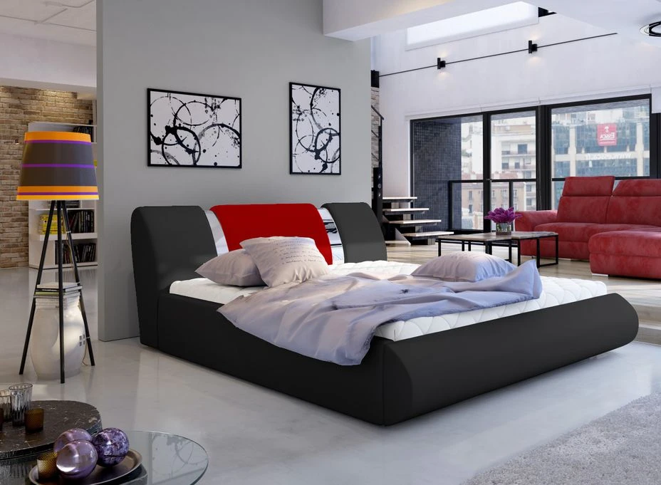 Lit Coffre 180x200 Cm Simili Noir/rouge Et Métal Chromé Flavien 4 Lit Coffre 180x200 Cm Simili Noir/rouge Et Métal Chromé Flavien – Image 2