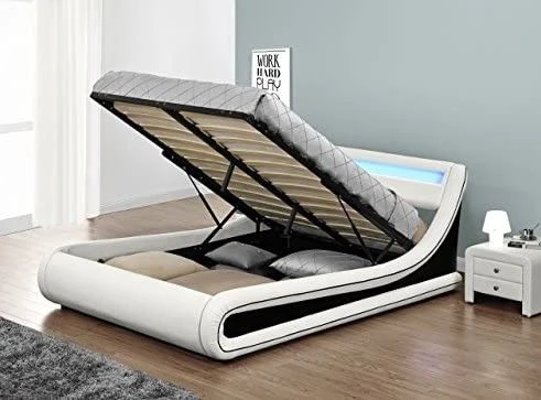 Lit Coffre à Led 160x200 Cm Simili Cuir Blanc Liseré Noir Lenna 4 Lit Coffre à Led 160x200 Cm Simili Cuir Blanc Liseré Noir Lenna – Image 2