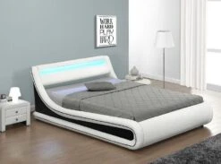 Lit Coffre à Led 160x200 Cm Simili Cuir Blanc Liseré Noir Lenna
