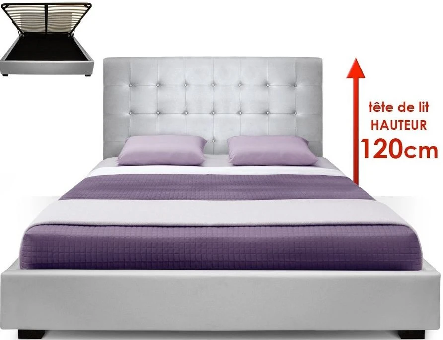 Lit Coffre Simili Cuir Argent Avec Sommier Relevable Milan 180x200 Cm 3 Lit Coffre Simili Cuir Argent Avec Sommier Relevable Milan 180x200 Cm