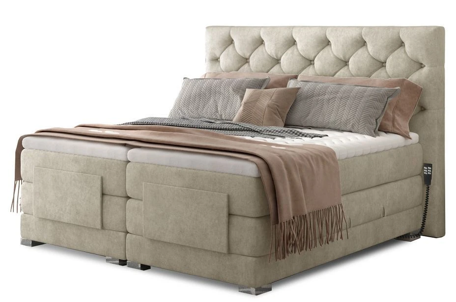 Lit Continental électrique Tissu Beige Clair Avec Matelas Et Surmatelas Karmen 3 Lit Continental électrique Tissu Beige Clair Avec Matelas Et Surmatelas Karmen