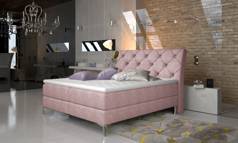 Lit Design Continental Avec Tête De Lit Capitonnée Strass Tissu Rose Banky 4 Lit Design Continental Avec Tête De Lit Capitonnée Strass Tissu Rose Banky – Image 2