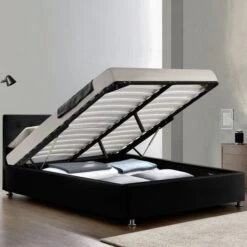 Lit Double Coffre Avec Sommier Relevable Simili Noir Koby 140