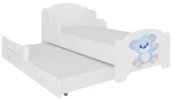 Lit Enfant Bois Blanc Impression Ourson Bleu 2 Couchages 70x140 Ou 80x160 Cm - Sommier Et Matelas Inclus - Madale