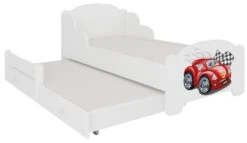 Lit Enfant Bois Blanc Impression Voiture Cars 2 Couchages 70x140 Ou 80x160 Cm - Sommier Et Matelas Inclus - Madale