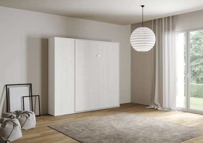 Lit Escamotable 160x190 Cm Avec 1 Colonne De Rangement Bois Blanc Kanto 6 Lit Escamotable 160x190 Cm Avec 1 Colonne De Rangement Bois Blanc Kanto – Image 4