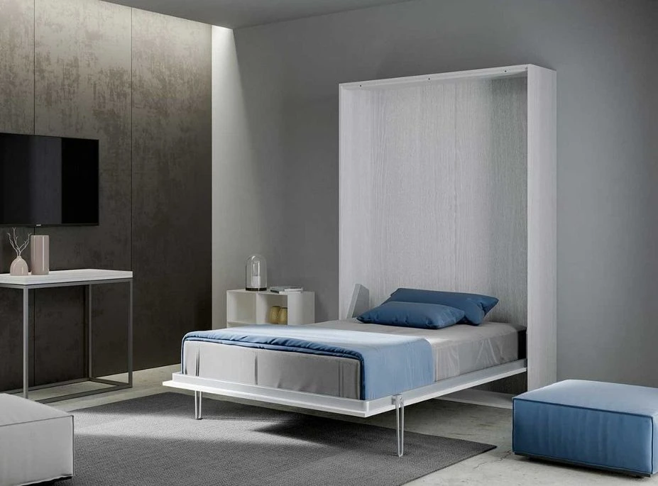 Lit Escamotable Vertical Frêne Blanc Et Porte Bleu Kanto 140x190 Cm 4 Lit Escamotable Vertical Frêne Blanc Et Porte Bleu Kanto 140x190 Cm – Image 2