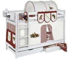 Lit Superposable Blanc Et Rideau Beige Et Marron Dinosaures 90x190 Cm