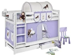Lit Superposable Blanc Et Rideau Beige Et Parme Chevaux 90x190 Cm