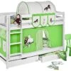 Lit Superposable Blanc Et Rideau Beige Et Vert Chevaux 90x190 Cm