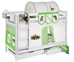 Lit Superposable Blanc Et Rideau Beige Et Vert Dinosaures 90x190 Cm