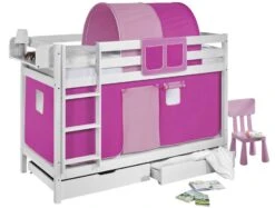 Lit Superposable Blanc Et Rideau Rose Milo 90x190 Cm