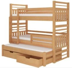 Lit Superposé 3 Couchages Avec 2 Tiroirs De Rangement Bois Clair 90x200 Cm Niko