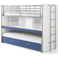 Lit Superposé 3 Places 90x200 Cm Bois Blanc Et Bleu Bonny