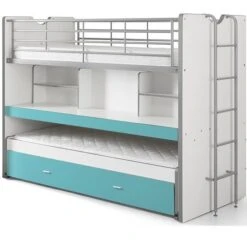 Lit Superposé 3 Places 90x200 Cm Bois Blanc Et Bleu Turquoise Bonny