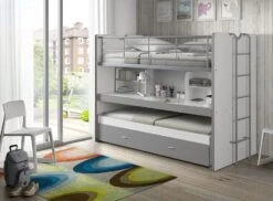 Lit Superposé 3 Places 90x200 Cm Bois Blanc Et Gris Bonny -Disney Cars Soldes lit superpose 3 places 90x200 cm bois blanc et gris bonny 5420070216029 692703