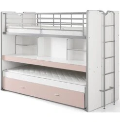 Lit Superposé 3 Places 90x200 Cm Bois Blanc Et Rose Bonny