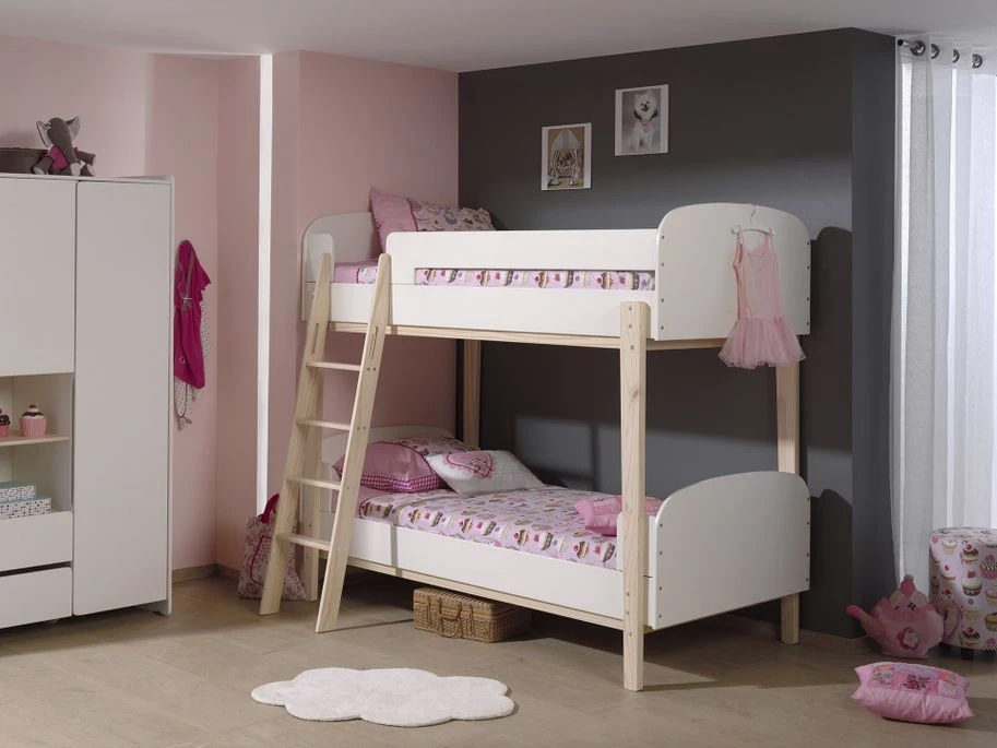 Lit Superposé 90x200 Cm Laqué Blanc Et Pin Massif Clair Kiddy 5 Lit Superposé 90x200 Cm Laqué Blanc Et Pin Massif Clair Kiddy – Image 3