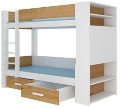 Lit Superposé Blanc Et Bois Artisan 2 Couchages 90x200 Cm Avec Rangement Mila