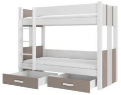 Lit Superposé Blanc Et Taupe 2 Couchages 80x180 Cm Ou 90x200 Cm Avec Tiroirs De Rangement Luka