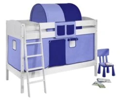 Lit Superposé Blanc Laqué Et Rideau Bleu Et Bleu Foncé 90x200 Cm