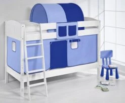 Lit Superposé Blanc Laqué Et Rideau Bleu Et Bleu Foncé 90x200 Cm -Disney Cars Soldes lit superpose blanc laque et rideau bleu et bleu fonce 90x200 cm 106806