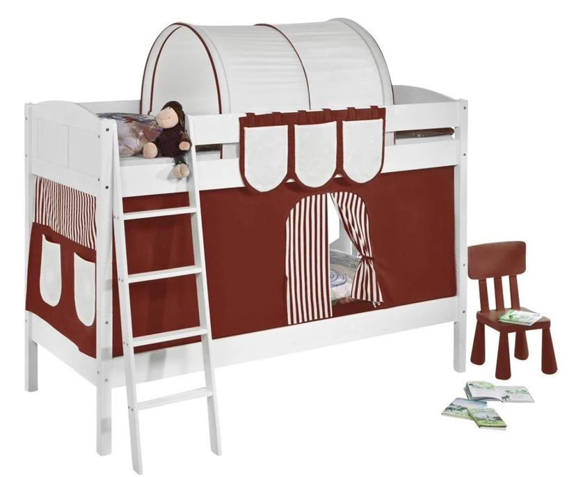 Lit Superposé Blanc Laqué Et Rideau Marron 90x200 Cm 3 Lit Superposé Blanc Laqué Et Rideau Marron 90x200 Cm