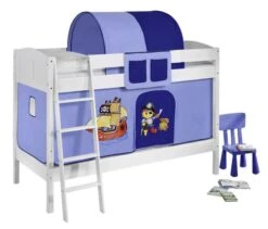 Lit Superposé Blanc Laqué Et Rideau Pirate Bleu 90x200 Cm