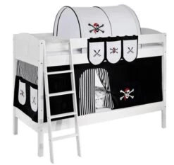 Lit Superposé Blanc Laqué Et Rideau Pirate Noir 90x200 Cm