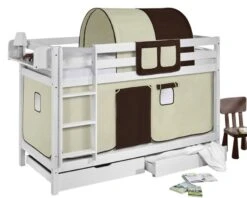 Lit Superposé Blanc Laqué Rideaux Beige Et Marron 90x190cm