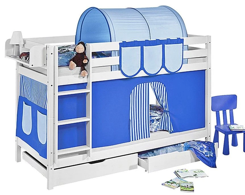 Lit Superposé Blanc Laqué Rideaux Bleu 90x190cm 3 Lit Superposé Blanc Laqué Rideaux Bleu 90x190cm