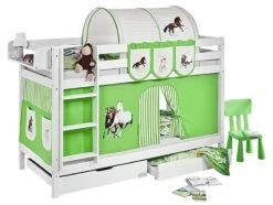 Lit Superposé Blanc Laqué Rideaux Chevaux Vert 90x200cm