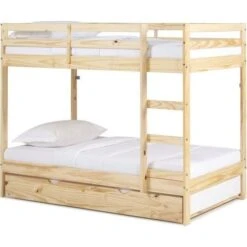 Lit Superposé Enfant Avec Tiroir Lit - Bois Pin Massif - Naturel - Sommiers Inclus - 3 X 90 X 190 Cm - FOSTER