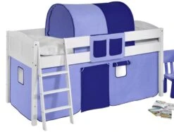 Lit Superposés Blanc Laqué Et Rideau Bleu Et Bleu Foncé IDA