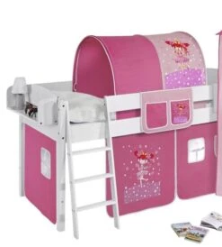 Lit Superposés Blanc Laqué Et Rideau Fée Rose 90x200 Cm -Disney Cars Soldes lit superposes blanc laque et rideau fee rose 90x200 cm 106730