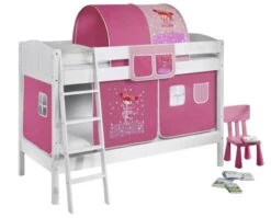 Lit Superposés Blanc Laqué Et Rideau Fée Rose 90x200 Cm