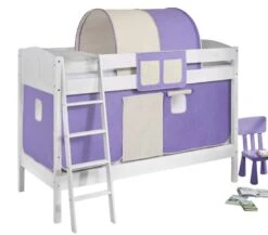 Lit Superposés Blanc Laqué Et Rideau Lilas Et Beige 90x200 Cm