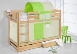 Lit Superposés Pin Massif Et Rideau Beige Et Vert -Disney Cars Soldes lit superposes pin massif et rideau beige et vert 74485