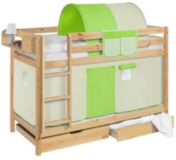 Lit Superposés Pin Massif Et Rideau Beige Et Vert